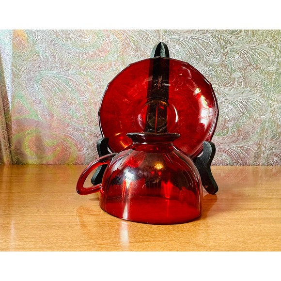 Vintage Ruby Red glass tea cup and saucer set by New Martensville glass - Picture 2 of 10
